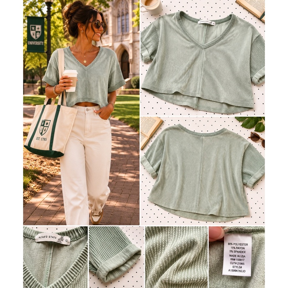 Altar'd State Sage Green Ribbed V-Neck Crop Top Boxy Short Sleeve L A1599K762JD
